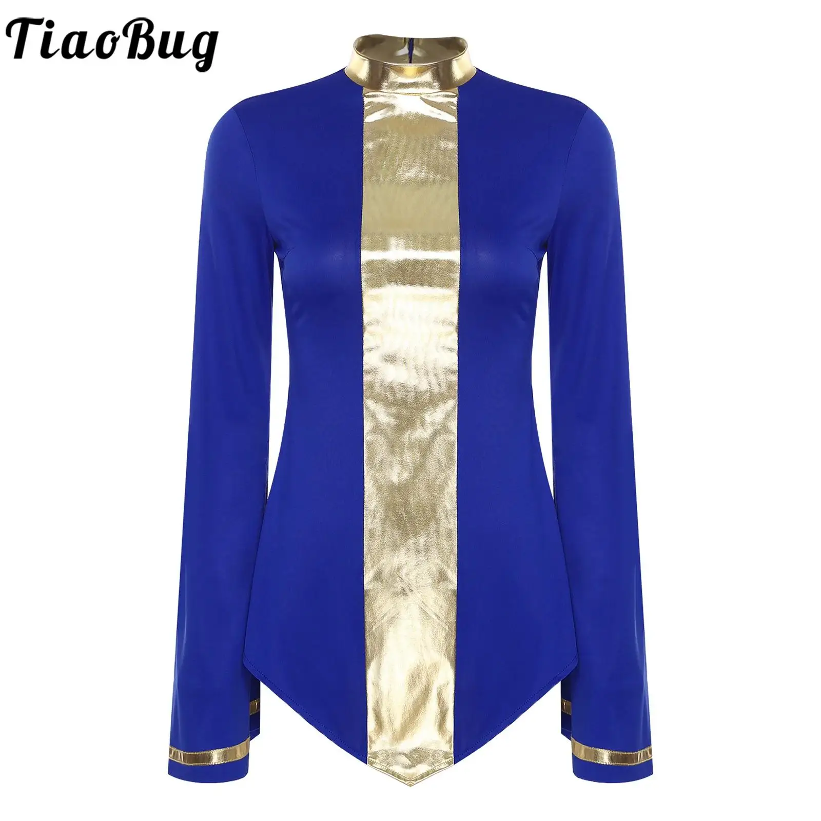 

Women Praise Dance Shirts Blouse Liturgical Worship Stage Costume Flared Long Sleeve Zipper Metallic Top for Lyrical Dancewear
