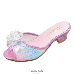 Girls Summer Frozen Sandals Slipper Sequined Princesse Children High Heel Party Dress Elsa Shoes Leather Slipper For Kids Slides