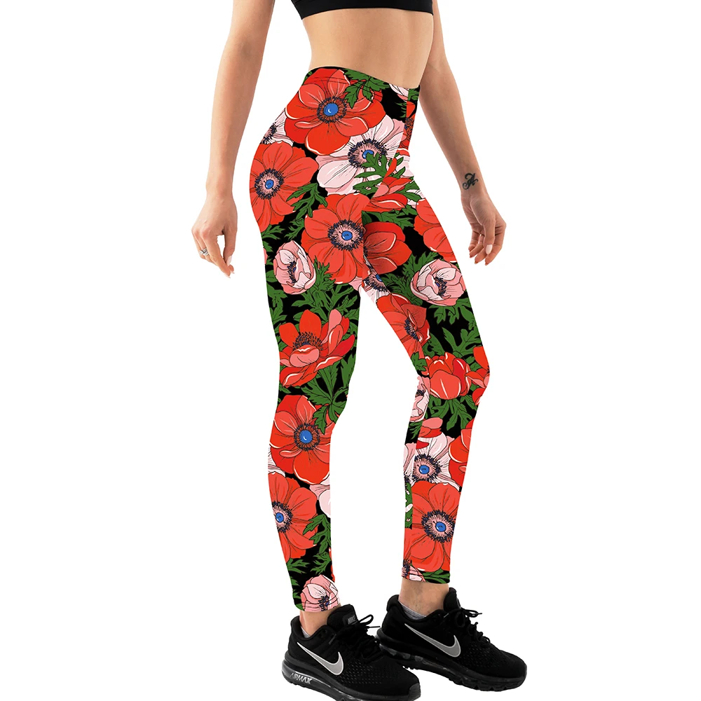 FCCEXIO Neue 3D Rote Tropische Blumen Druck Mädchen Leggings Hohe Taille Elastische Hosen Fitness Frauen Sport Leggings Weihnachten Geschenk