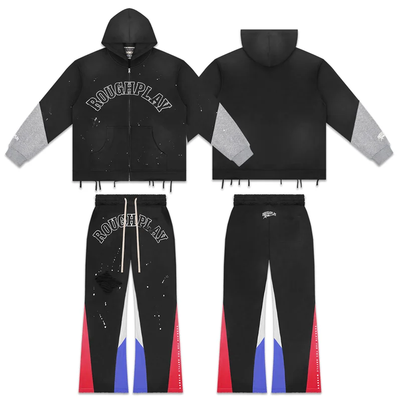Rough Play Hoodies Autumn Winter Heavy Weight American Vintage Washed Sets Black Contrast  Patch Sweatpants