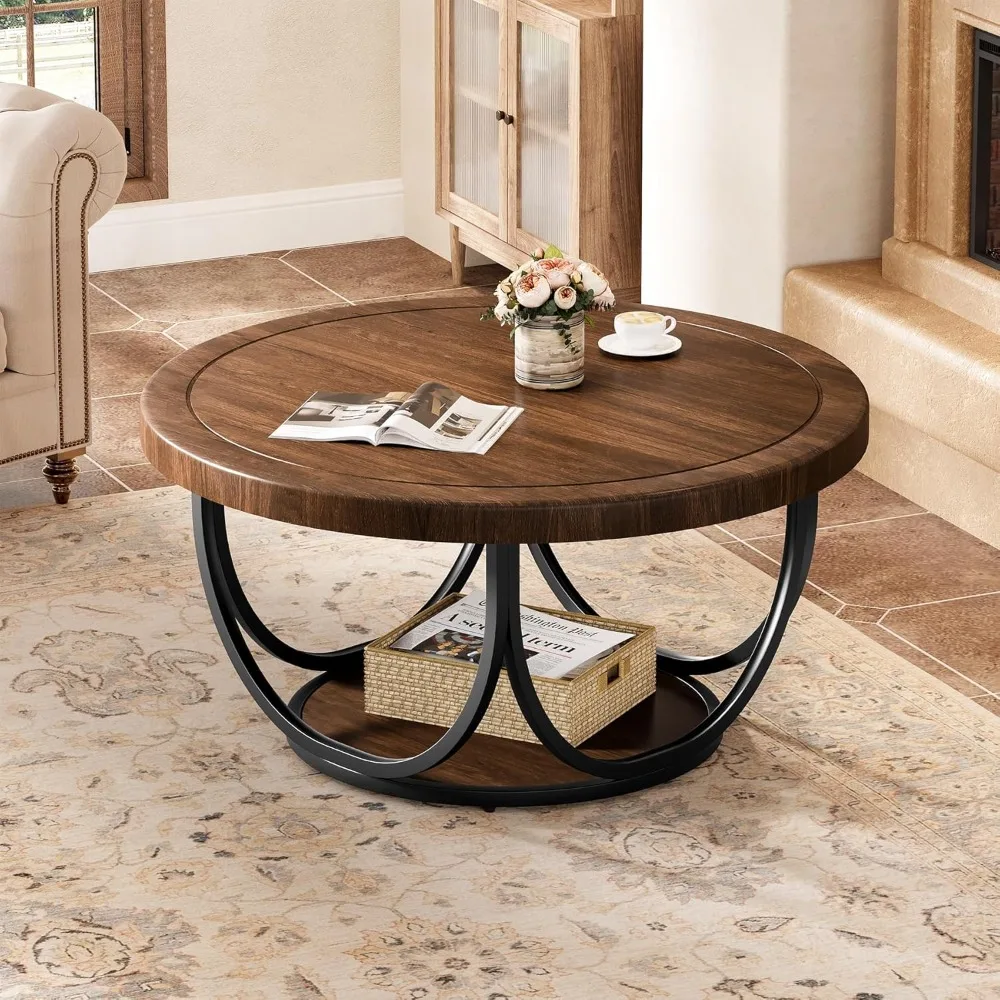 Round Two-Tier Wooden Coffee Table with Metal Frame and Storage Shelf