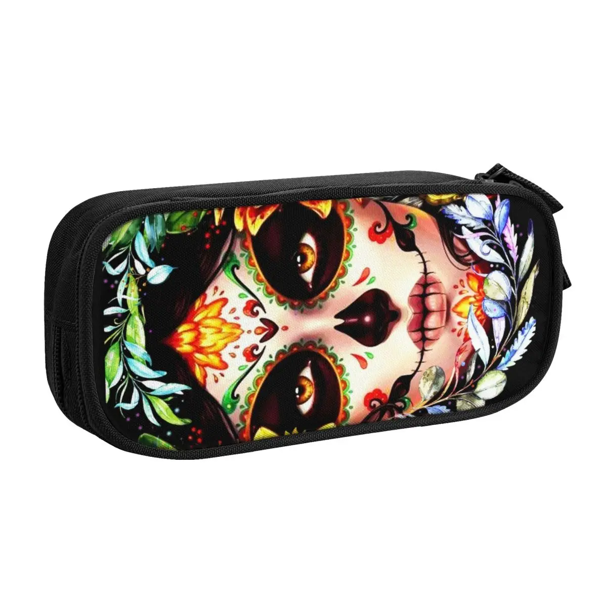 Custom Korean Halloween Catrina Sugar Skull Pencil Cases for Day Of The Dead Mexican Lady Large Capacity Pen Bag Box School