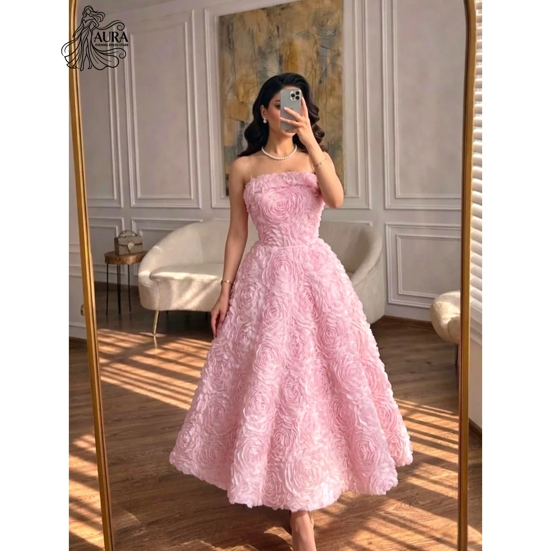 Aura Tube Top Luxuriöse Abendkleider für besondere Anlässe, maßgeschneidert, A-Linie, 3D-Blumen, elegantes Abendkleid für Partys