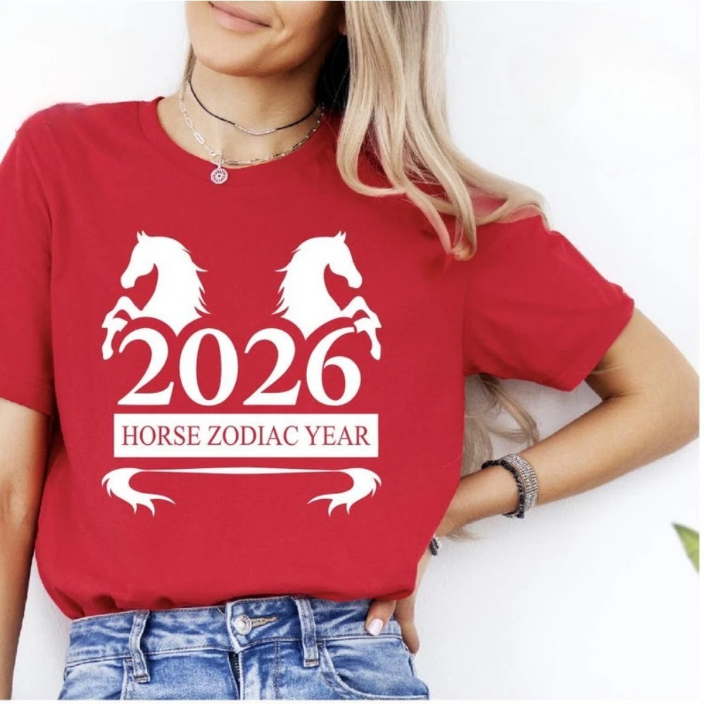 Horse Zodiac Lunar Happy New Year T-shirt Chinese Festival Outfit Lucky Holiday Gift Asian Tradition Shirt Women Clothing