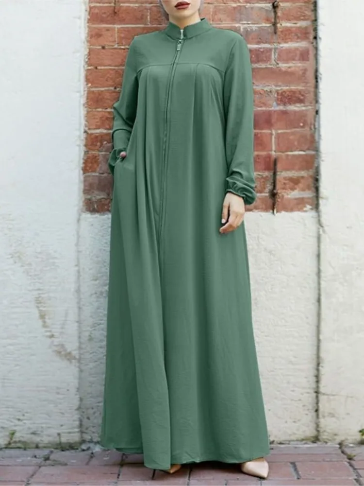 فستان نسائي غير رسمي بلون واحد موضة بياقة واقفة وأكمام طويلة وسحاب سترة رداء ربيع الخريف للسيدات فساتين إسلامية #1