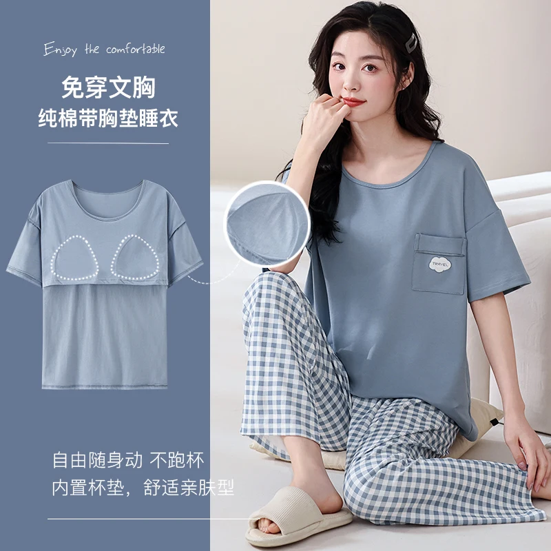 Summer Short Sleeve Sleepwear With Chest Pad 100% Cotton Women Pajamas Set Female Short Top+Long Pants Pijamas Mujer