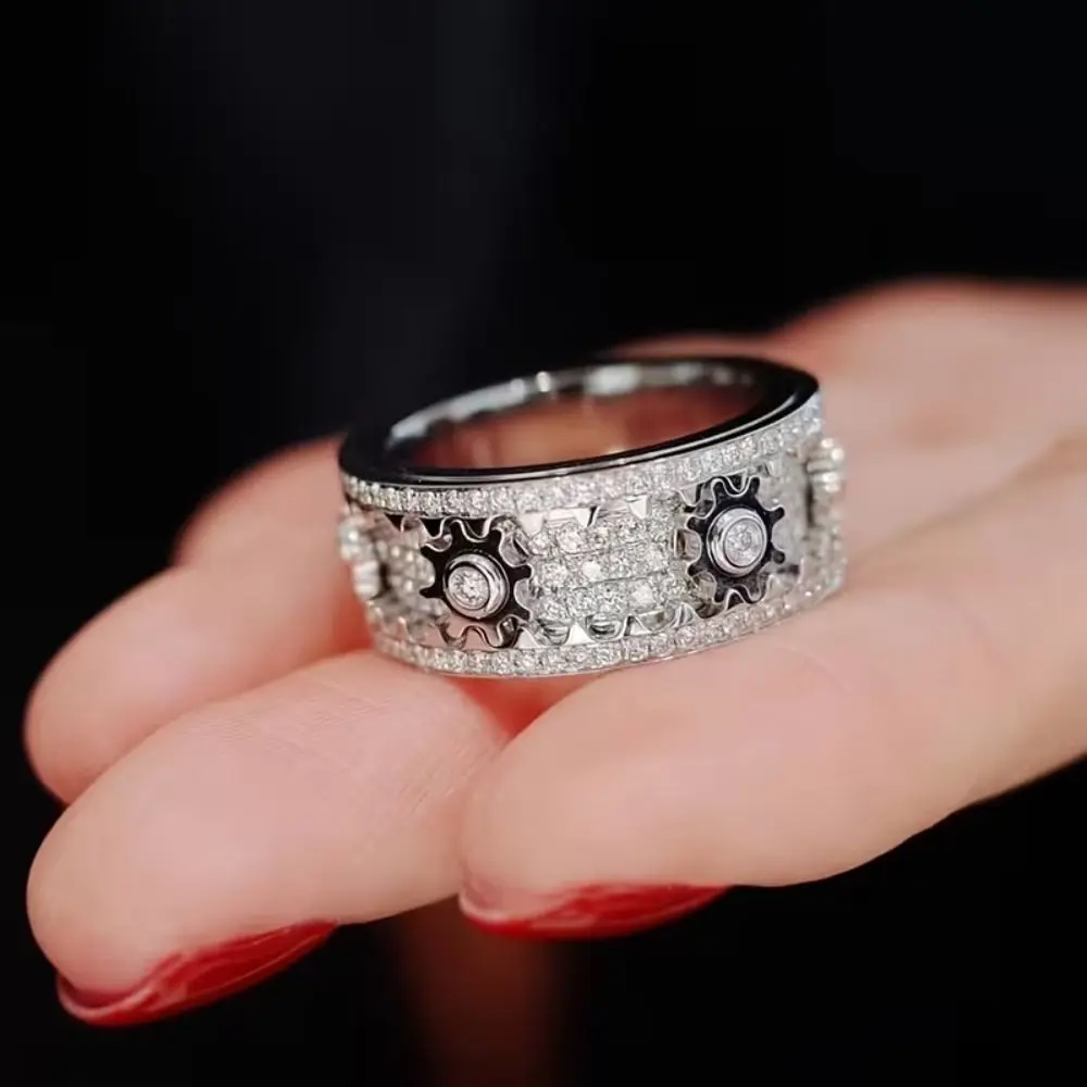 Trendy Rotatable Gear Ring Stainless Steel Full Diamond Rotating Ring Starry Sky Handmade Spinner Rings Punk