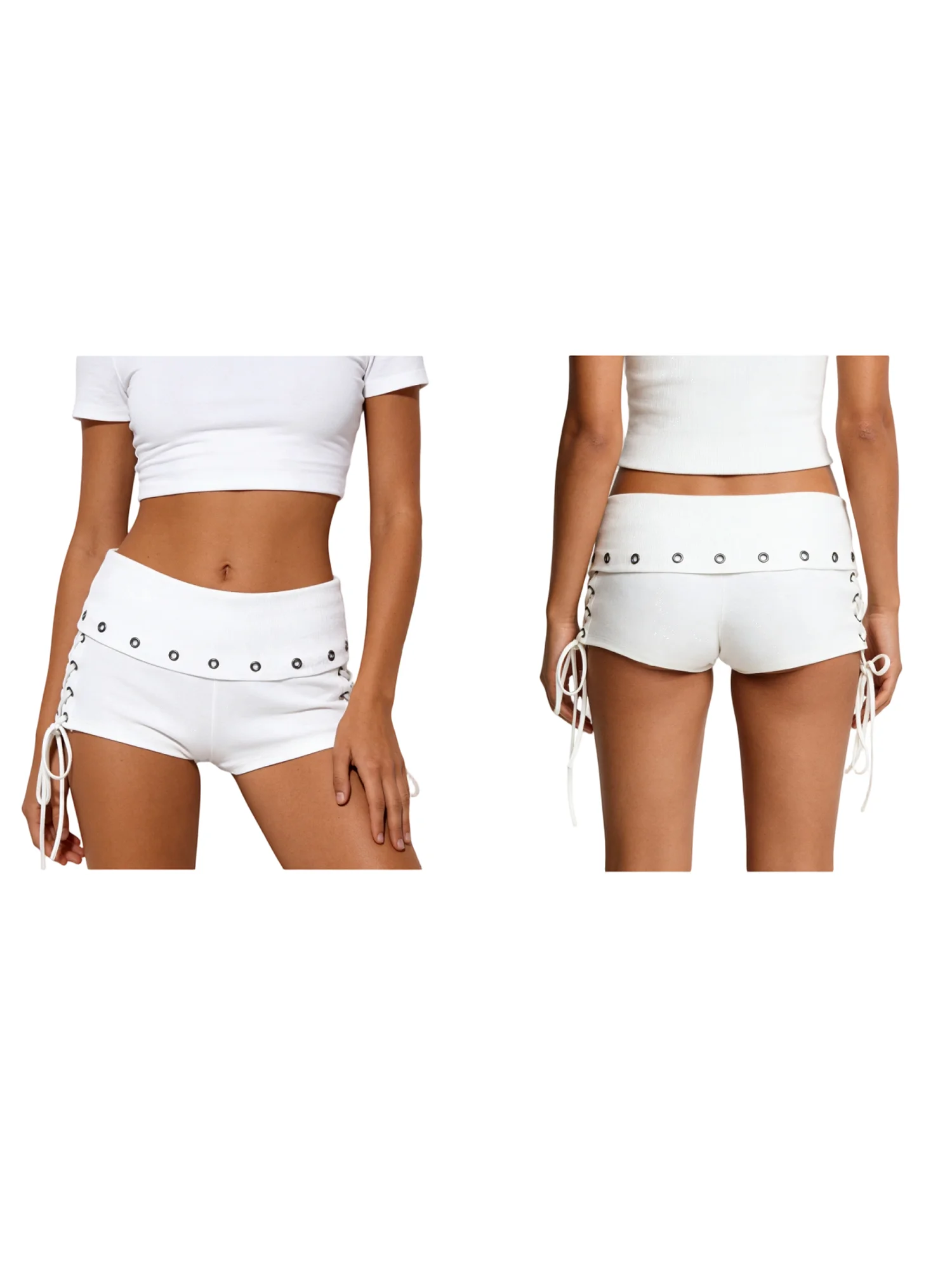 Women s Summer Side Bandage Shorts Solid Color  Elastic Fold Waistband Streetwear Hot Shorts