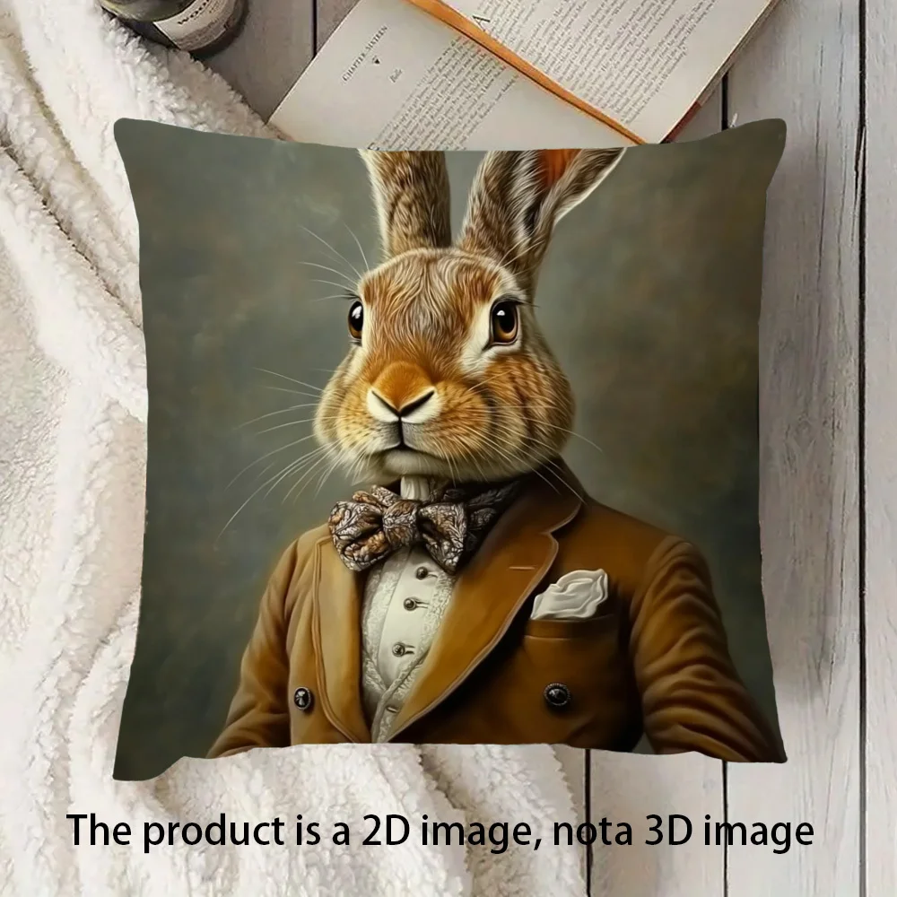 1pc Gentleman Hare In Suit Art Double‑Sided Print Pillow Cover, Cushion Case for Sofa Bedroom, Insert Not Included, Home Decor