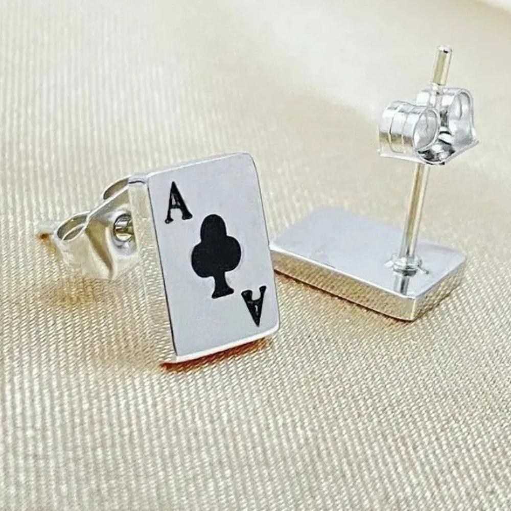 Fashion Playing Card Earrings Plum Blossom Letter A Stainless Steel Earring for Woman Men Charm Jewelry