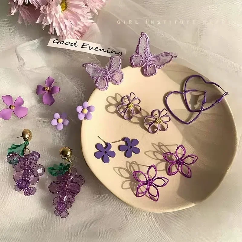 2024 New Design Purple Flower Butterfly Drop Earrings For Women Sweet Fairy Mystery Shiny Crystal Resin Lace Earring Jewelry
