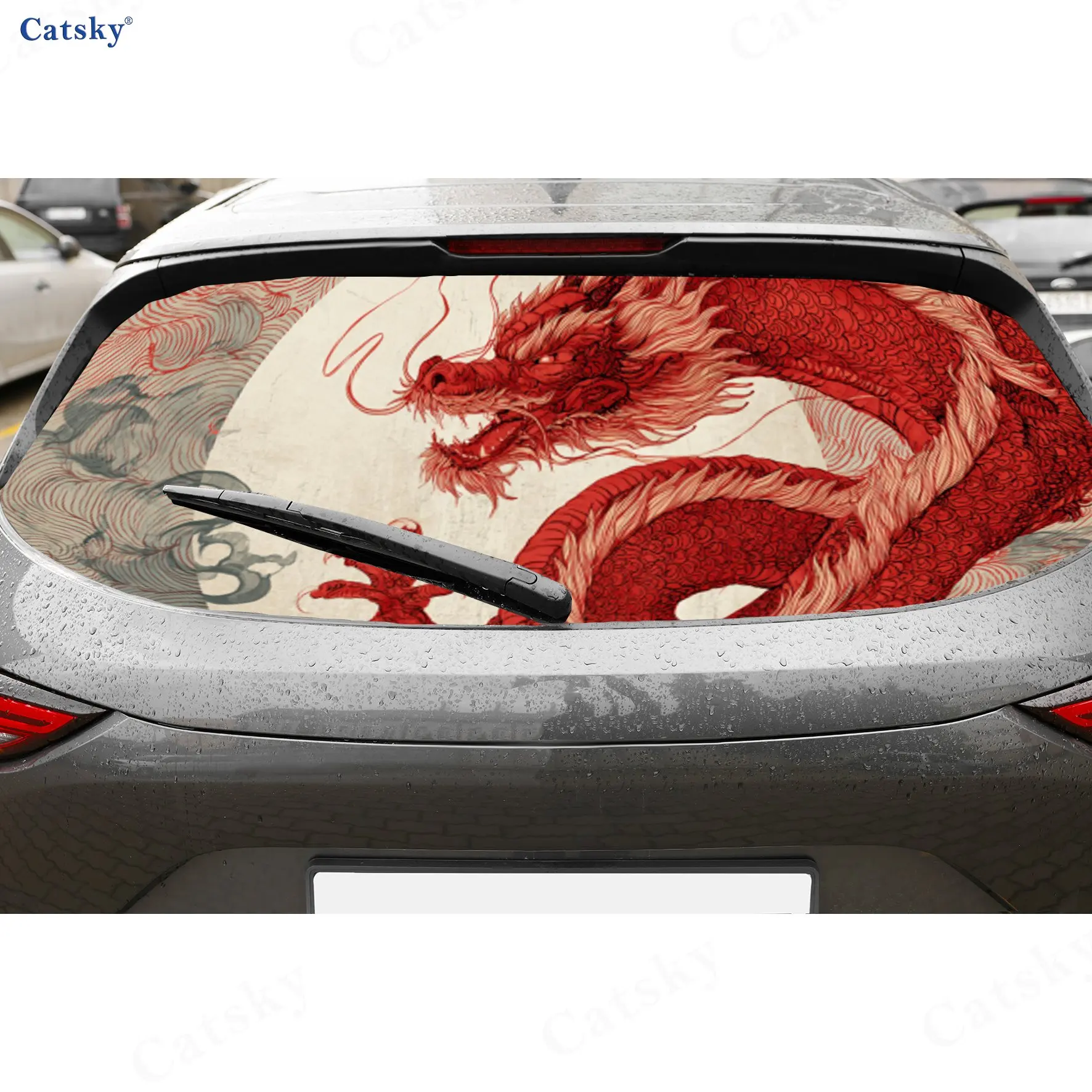 

Red Dragon Oriental Exploration PVC Perforated Car Vinyl Wraps, Durable Car Rear Windshield Sticker, Waterproof Car Rear Window