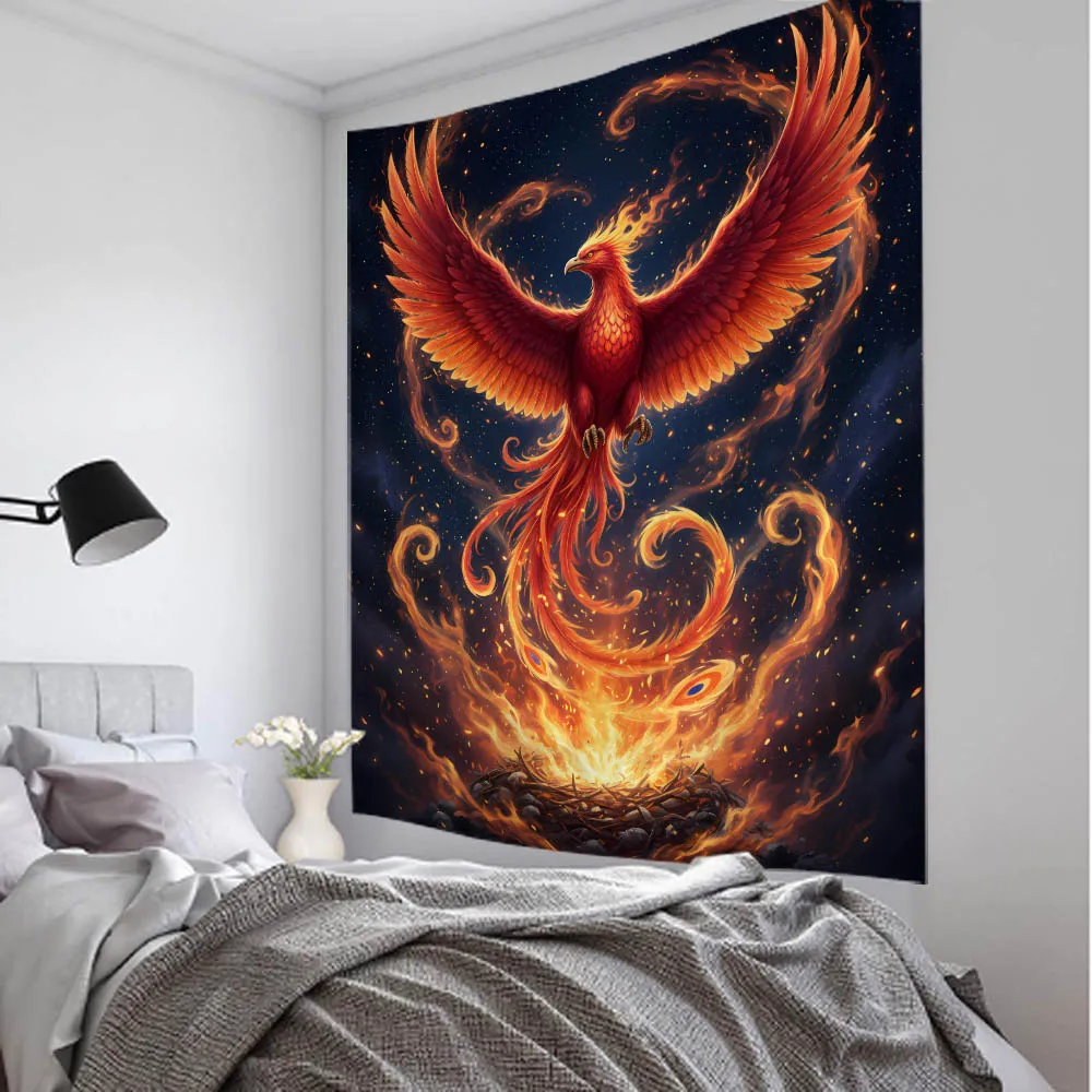 Starry Sky Patterned Flame Phoenix Tapestries Wall Decor for Living Room And Bedroom Dreamy Atmosphere Decorative Artwork