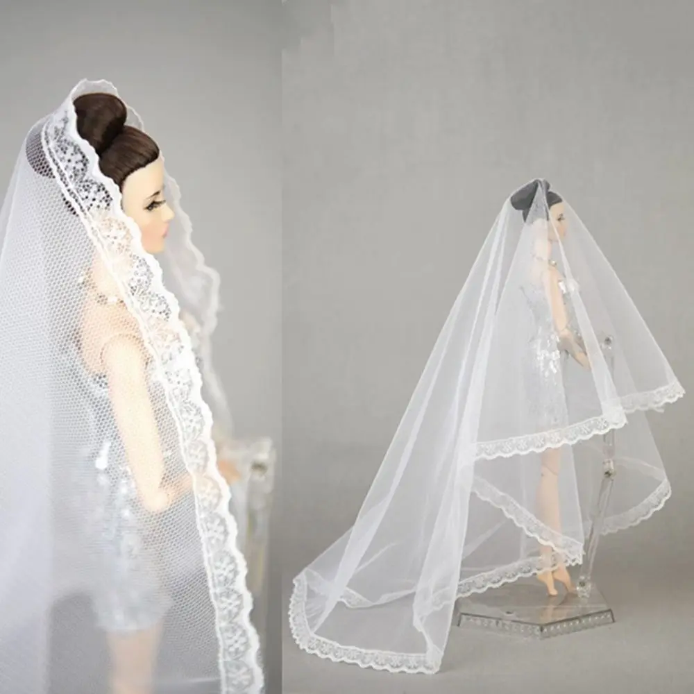 Mode Kopfbedeckung Puppe Schleier Kopfschmuck Weiße Puppe Spitze Schleier Runde Lange Puppe Hochzeit Schleier Für Mädchen