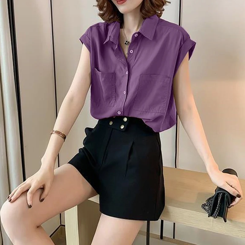 Kantoor Dame Knoop Patchwork Blouse Zomer Nieuwe Polo Hals Korte Mouw Effen Kleur Losse Shirt Tops Mode Elegante Vrouwen Kleding