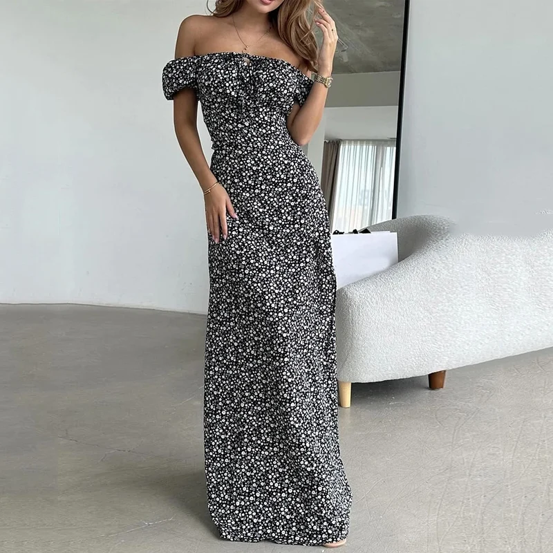 Waytobele Women Maxi Dress Elegant Floral Printed Short Sleeve Off Shoulder Tie Up Slit Slim Beach Long Dresses Streetwear