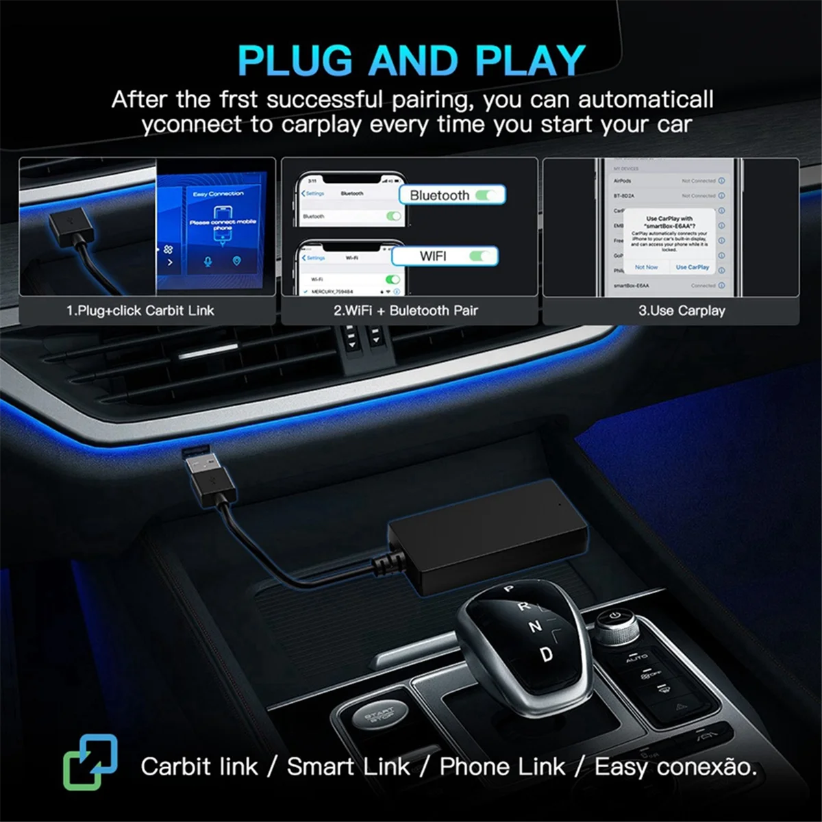 Plug and Play Carbit Link ไปยัง Wireless CarPlay Android AUTO Box ระบบนําทางรถยนต์ การเชื่อมต่อระหว่างเครื่องจักรในรถยนต์อัจฉริยะ