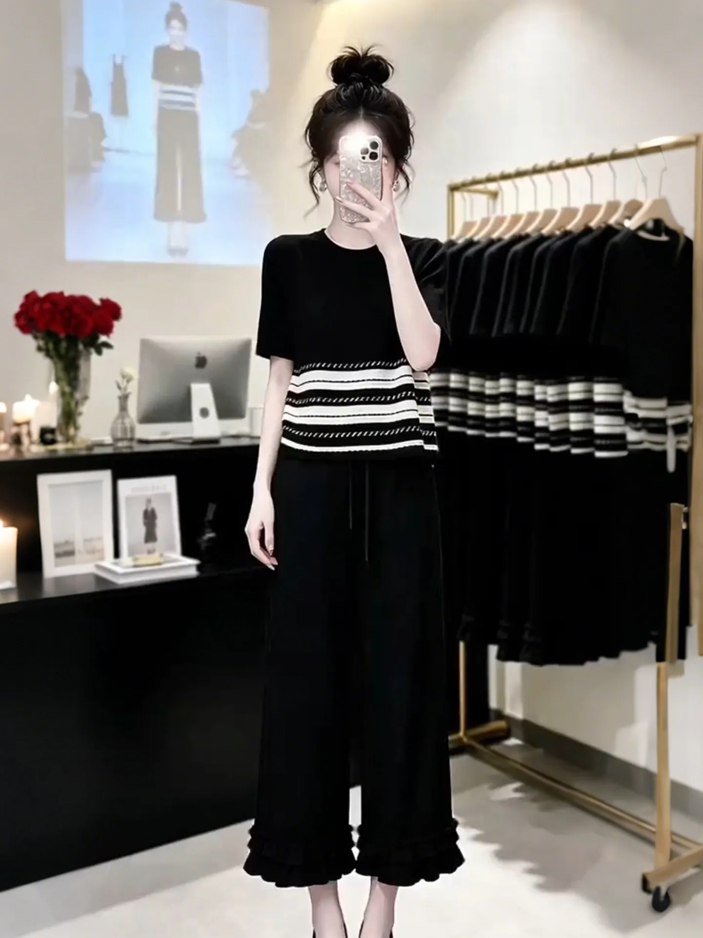 

Summer Outfit Women's Loose Wide Leg Pants Short Sleeve Top Korean Style Gentle Loose Fit Ensemble Casual Breathable T-Shirt
