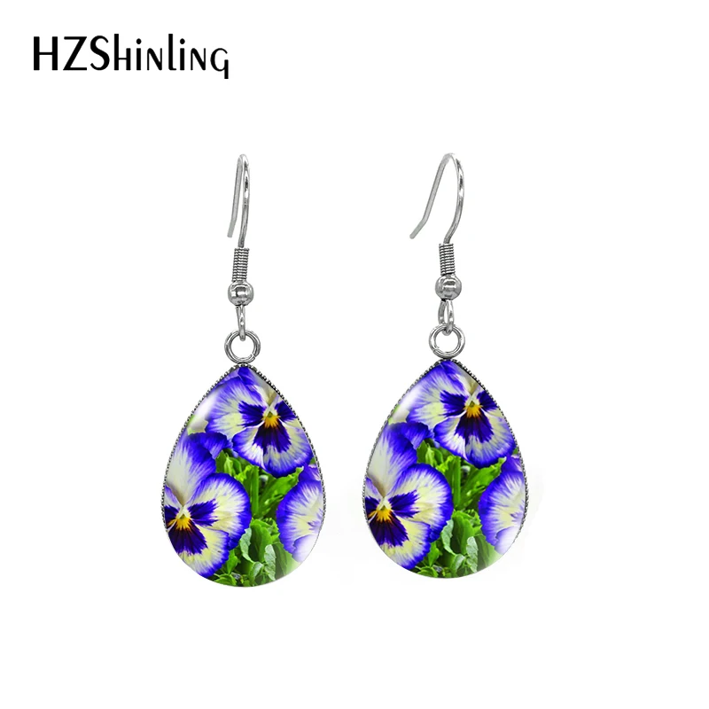 Violet Wing Pansy Seeds Paintings Water Drop Dangle Hook Glass Cabochon Stainless Steel Earrings Jewelry