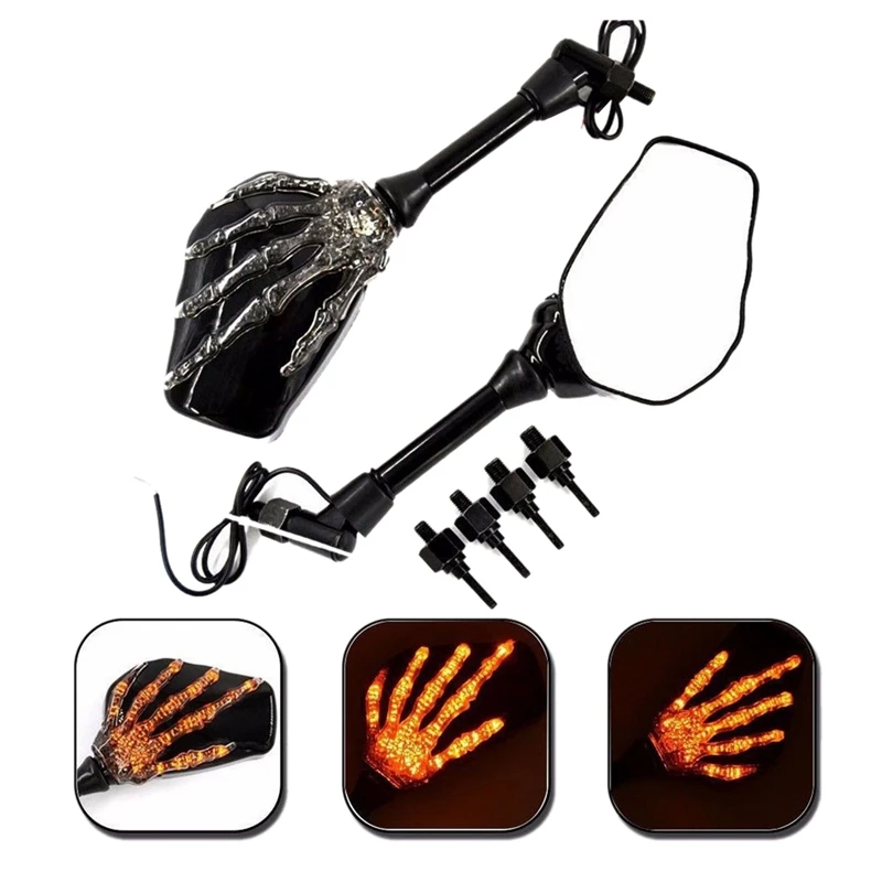 Motorcycle Rearview Mirror Skull Hand Pattern Ghost Claw LED Light Turn Signal Mirror Fit 10Mm 8Mm Thread Bolts Motor Mirror