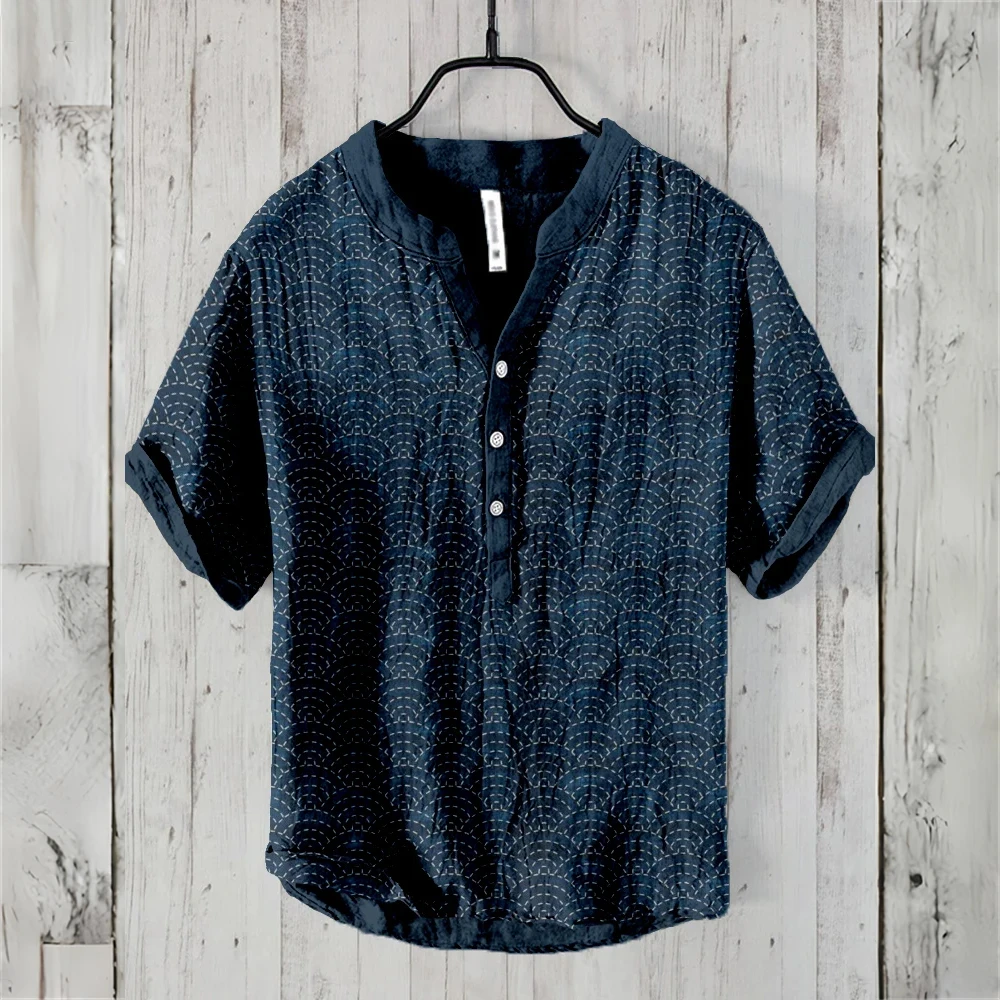 

Men's short sleeve POLO shirt linen blend clothing retro line pattern Hawaiian holiday fashion comfortable men's tops