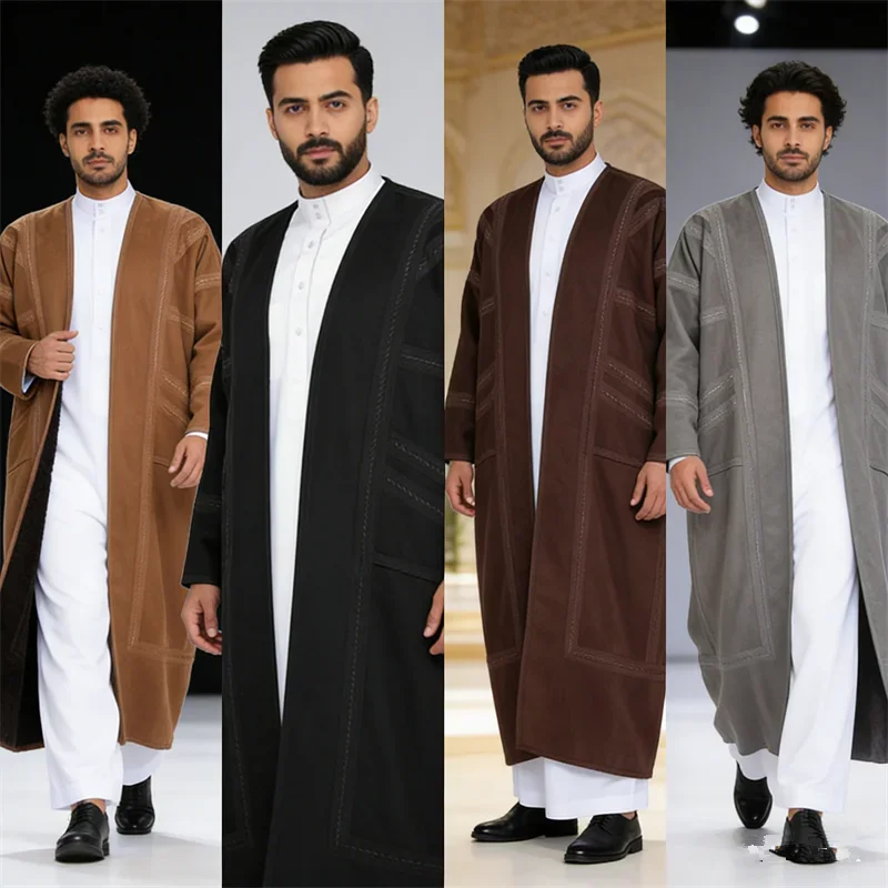 Suede Men's Winter Robe Thickened Long Cardigan Warm Pockets Loose Casual Arabic Cardigan Muslim Jubba Thobe Abaya Bisht Coat