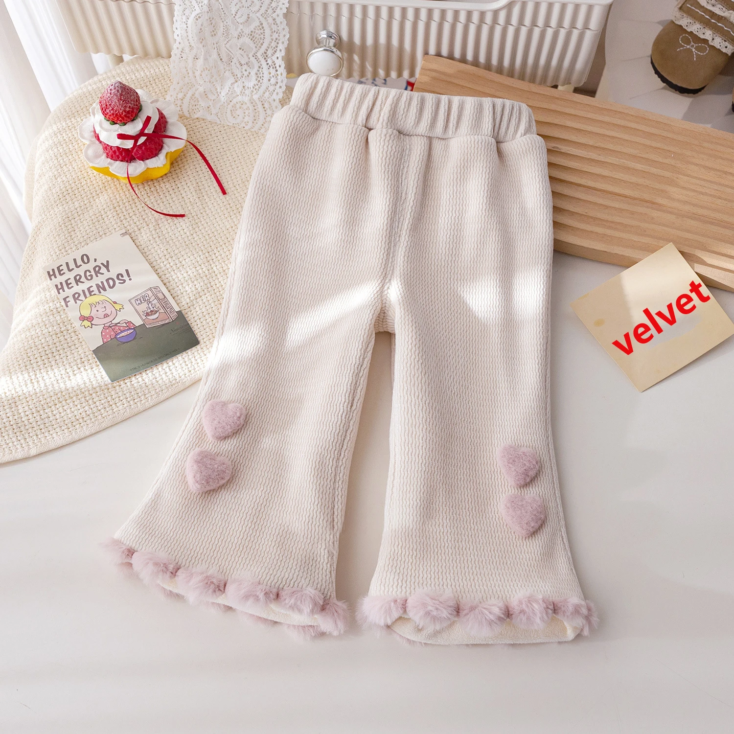 Girls' Velvet Bell-bottoms Pants Autumn Winter New Fashionable Baby Girls Warm Cotton Pants Heart Plush Casual Trousers
