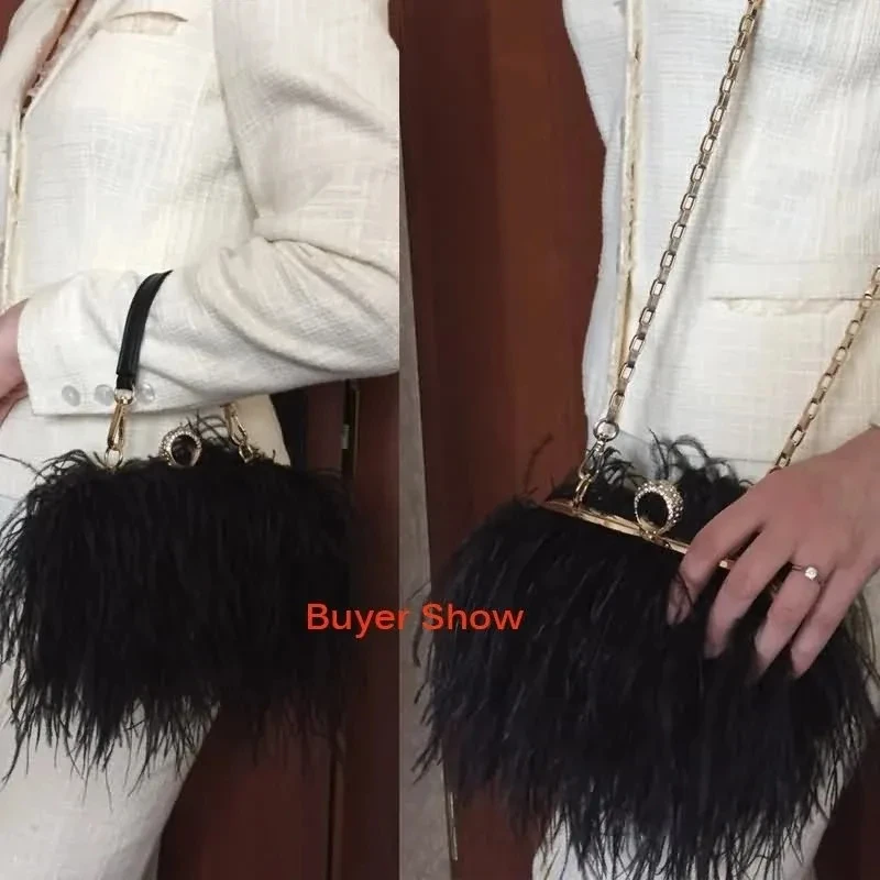 Luxury Ostrich Feather Evening Bags For Women 2023 Chain Shoulder Crossbody Bag Tassel Party Clutch Purse Green Wedding Handbags