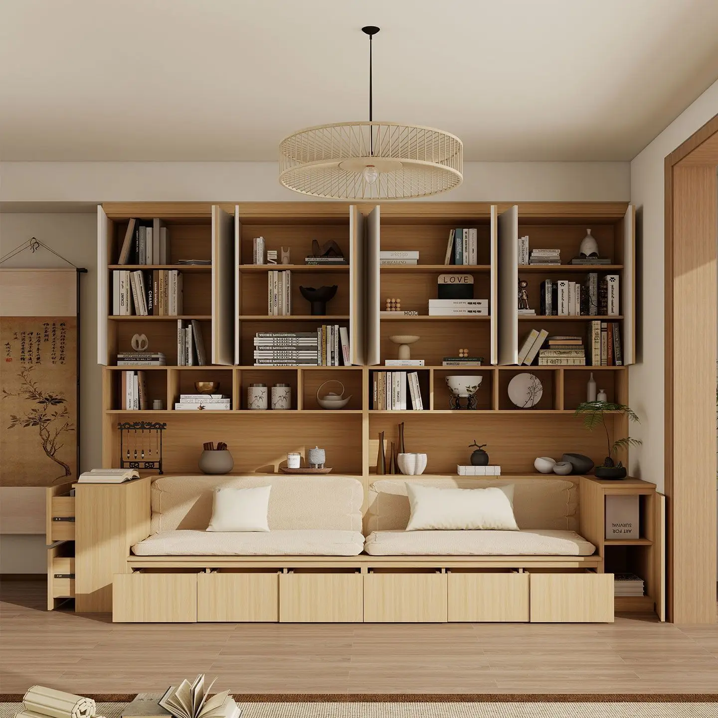 Song Dynasty Aesthetics Full Wall Bookcase Integrated Whole Wall Living Room Solid Wood Custom Card Seat Sofa Multi-functional