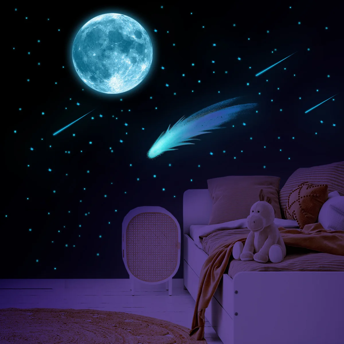 Autocollants muraux de lune et de météores, 3 pièces, lumière bleue lumineuse, dessin animé créatif, pour salon, chambre à coucher, bureau Simple, salle à manger