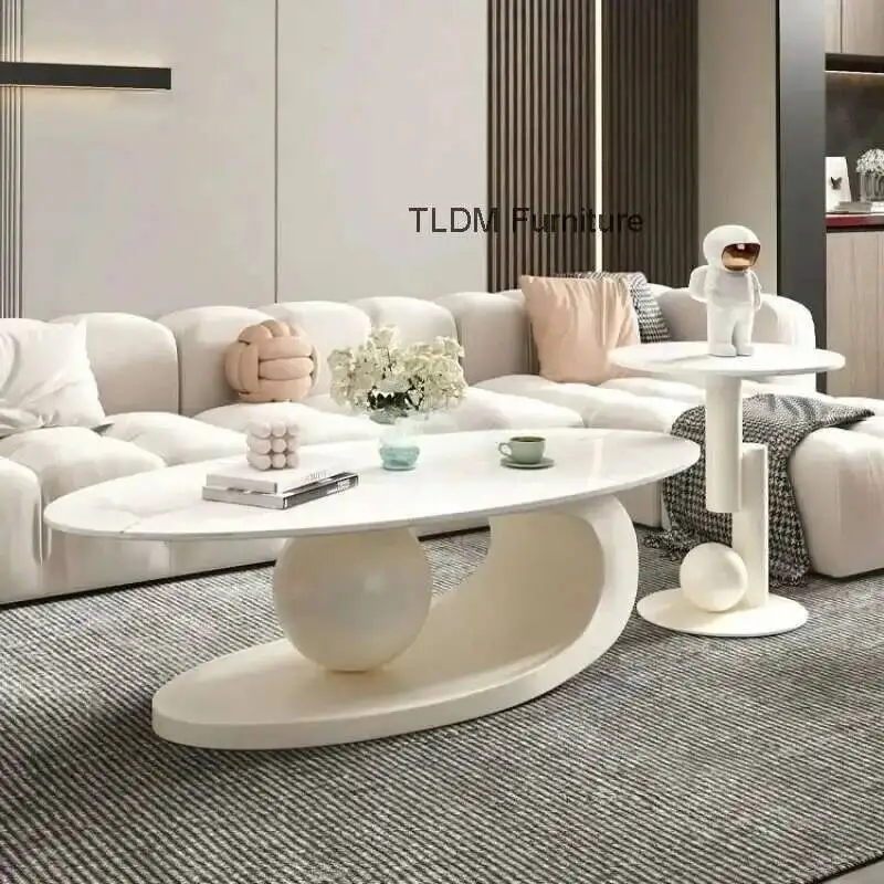 

Office Coffee Italian for Table Light Luxury High-end Rock Board Smooth Tables Cream Style Unique Oval Side Table for Apartment