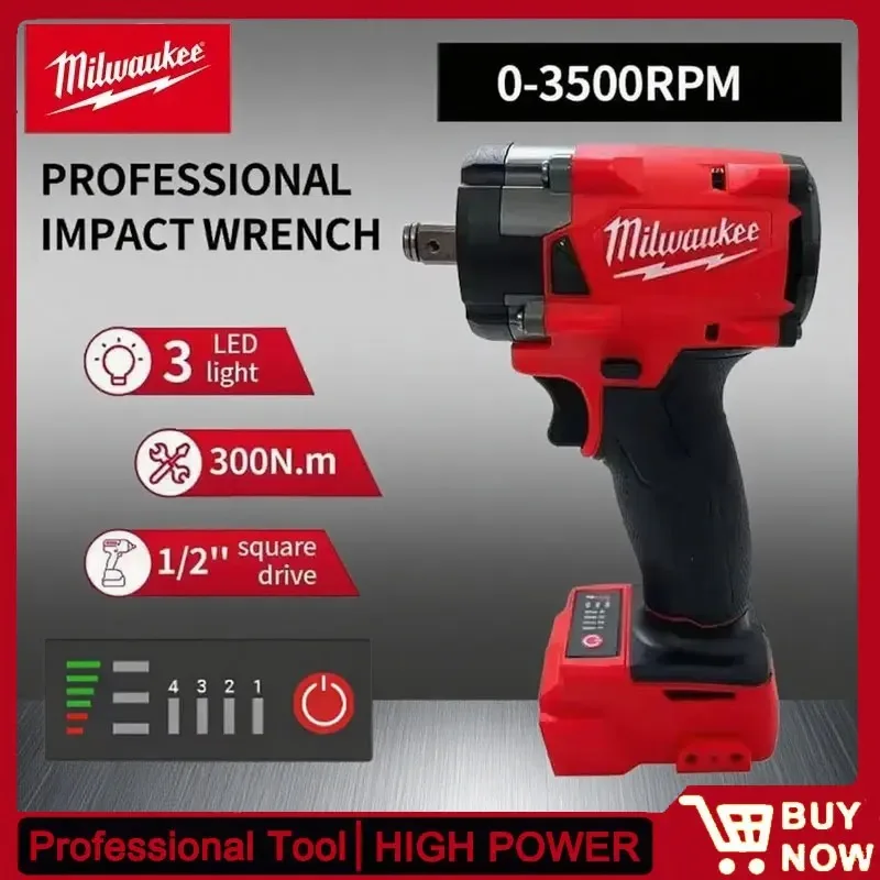 

Milwaukee 18V 300N.M High Torque Brushless Impact Wrench, 4 Gears 1/2" Socket Cordless Driver for Heavy Machinery Maintenance