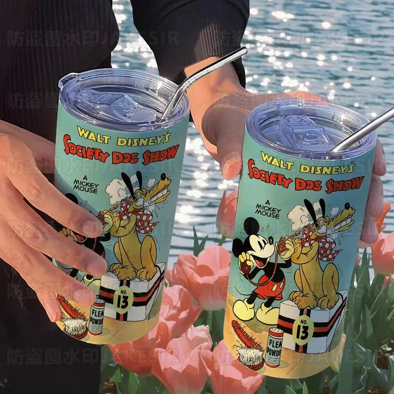 Disney Mickey cartoon thermos cup with straw coffee cup ins high-looking portable stainless steel water cup for boys and girls