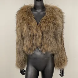 OFTBUY Natural Raccoon Fur Jacket Women Short European 2024 Autumn Winter New Thickened Warm V-neck Double-sided Woven Fur Coat