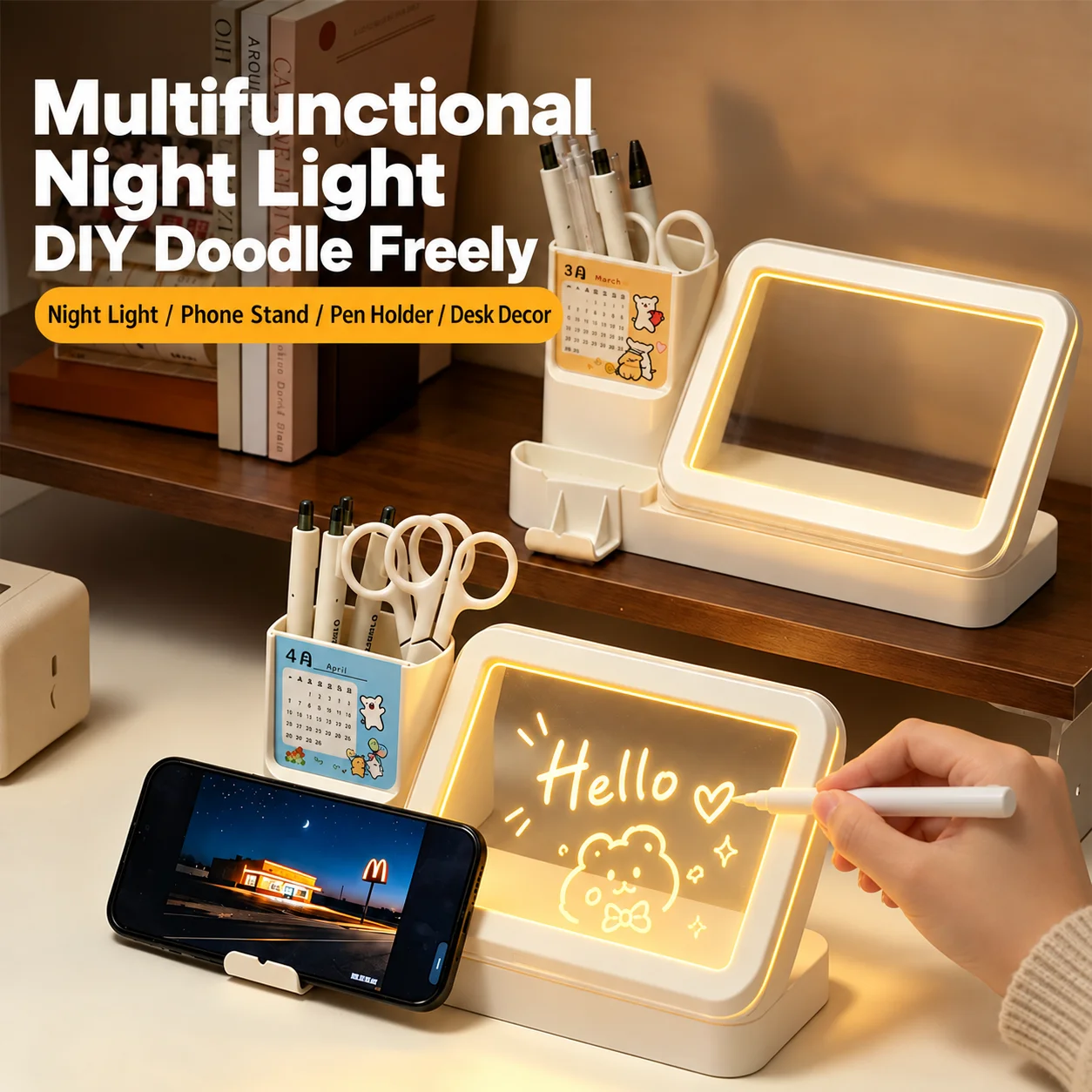 Multifunctional Pen Holder Night Light Acrylic DIY Message Board USB Rechargeable Display for Card Badge Photo Desktop Organizer