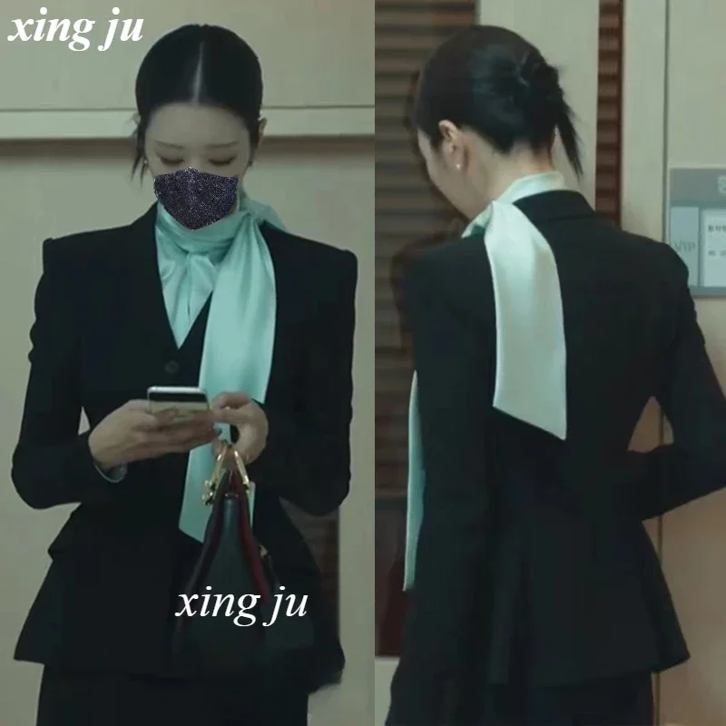 Kpop Koreaanse Zanger Party Temperament Zwarte Blazers Jas A-lijn Lange Rokken Vrouwen Kpop Outfits Stadium Kleding Jazzdans Kostuums
