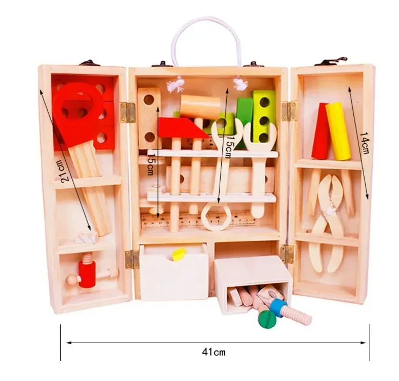 [Funny] Wooden repair tools Child Carpenter Construction Tool Box Boy Pretend Play mechanic maintenance Model Building Kits Toy