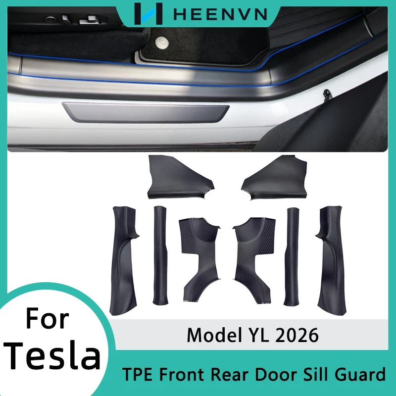 HEENVN 8PCS Car Door Sill Guard Protector for Tesla Model YL 2026 TPE Front and Rear Door Threshold Strips Anti-kick Pad Cover