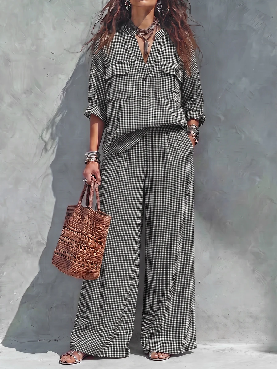 Freeacy Women Gingham Check Wide Leg Pants Elastic High Waist Loose Casual Trousers Vintage Vacation Bottoms For Daily Wear