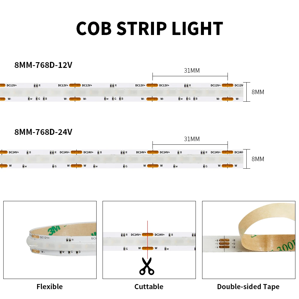 Ultra-Narrow 8mm COB RGBW LED Strip Light 768Leds/m Flexible FOB COB RGBWW Lights High Density RA90 Linear Dimmable 16W 12V/24V