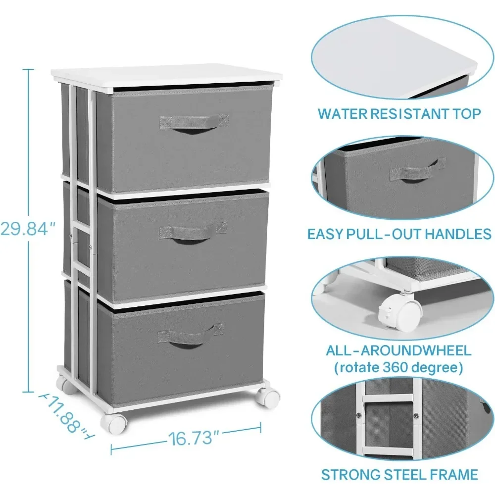 Dresser Tower with 3 Drawers, Wood Top & Vertical Storage Dresser, Bedroom Fabric Dresser Drawer Organizer Unit