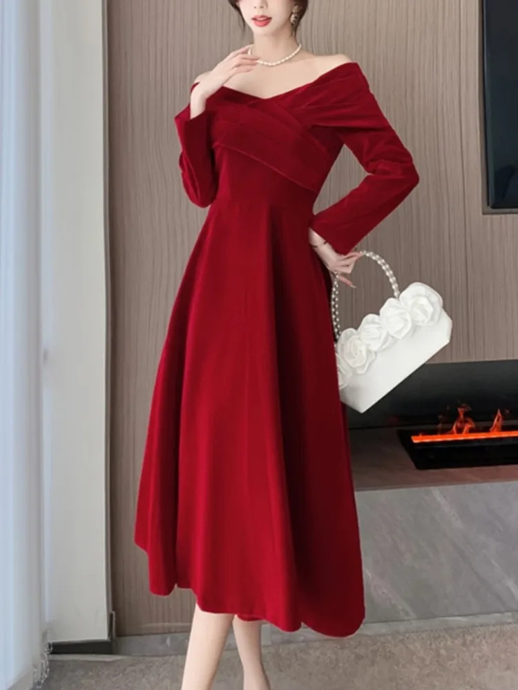 Vintage Autumn Wine Red Women Dresses New Elegant Slash Neck Long Sleeve Wedding Party Dress Chic Female Vestidos Midi Clothing