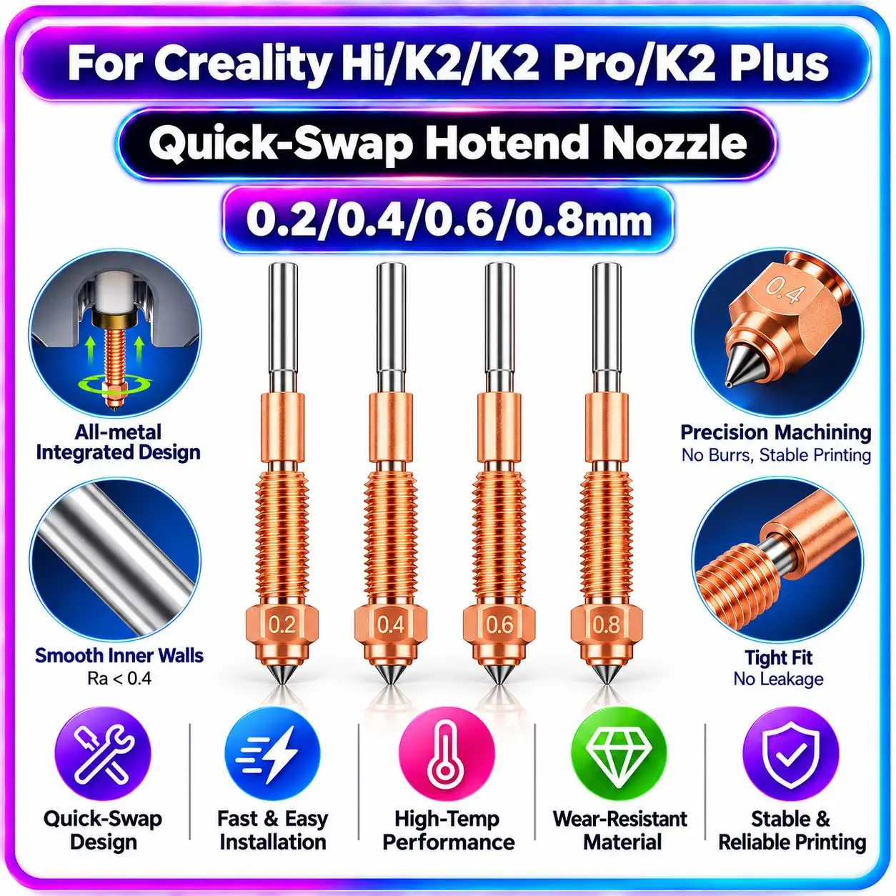 Unicorn Quick-Swap Nozzle 0.2/0.4/0.6/0.8mm Hotend Kit for Creality Hi K2 K2 Pro K2 Plus Combo 3D Printer Replacement Parts