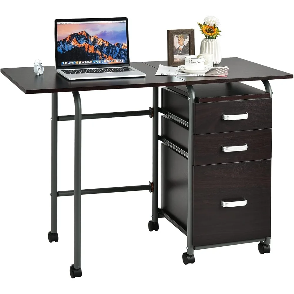 

Folding Computer Desk with 3 Storage Drawers, Mobile Home Office Desk Study Writing Desk with Smooth Wheels