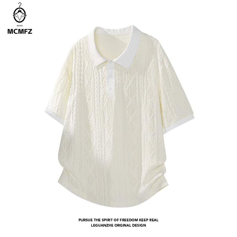 Male Rhombus Embossed Polo Short Sleeve Blouse Lapel Collar Partial Button Design Soft Cloth For Vacation Daily Layered Styling