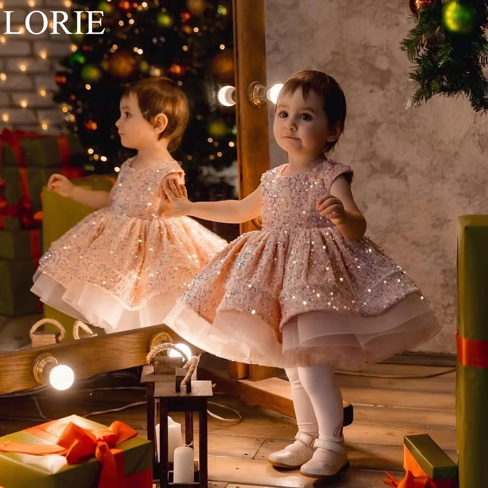 

LORIE Cute Glitter Pink Sequins Flower Girl Dresses Ball Gown O-Neck Pleated Knee Length Sparkly Birthday Party Dress Customized