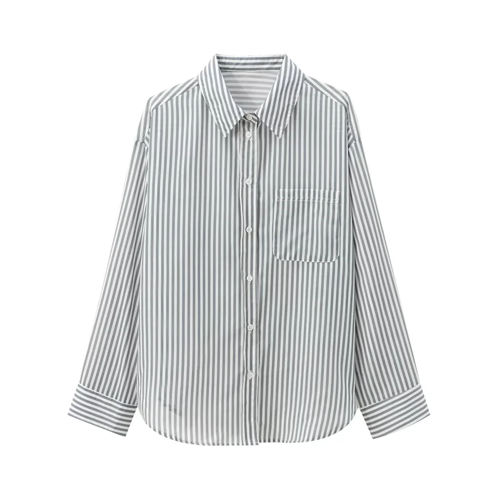 2024 RARA autumn and winter new single pocket design lapel long sleeve loose striped casual shirt for women