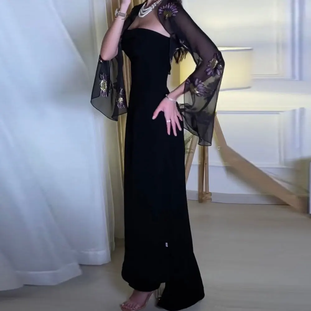 Black Jersey Evening Dress Strapless Mermaid Back Zipper Saudi Arabian Long Sleeve Applique Floor Length Sexy Vestidos Prom 2023 image 3