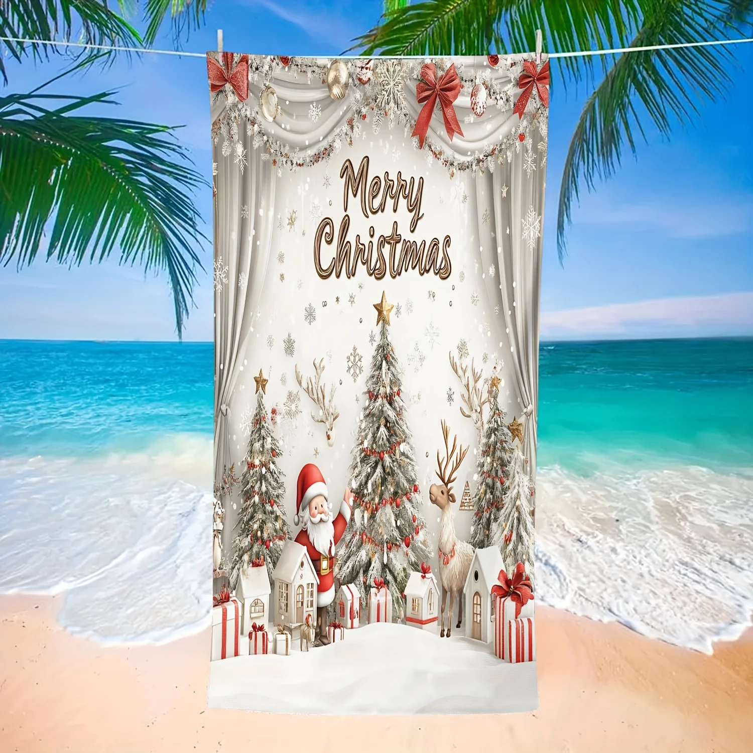 Festive Red Merry Christmas Typography Holly Berry Bow Print Beach Towel Soft Absorbent for Holiday Seaside Vacation Relaxation