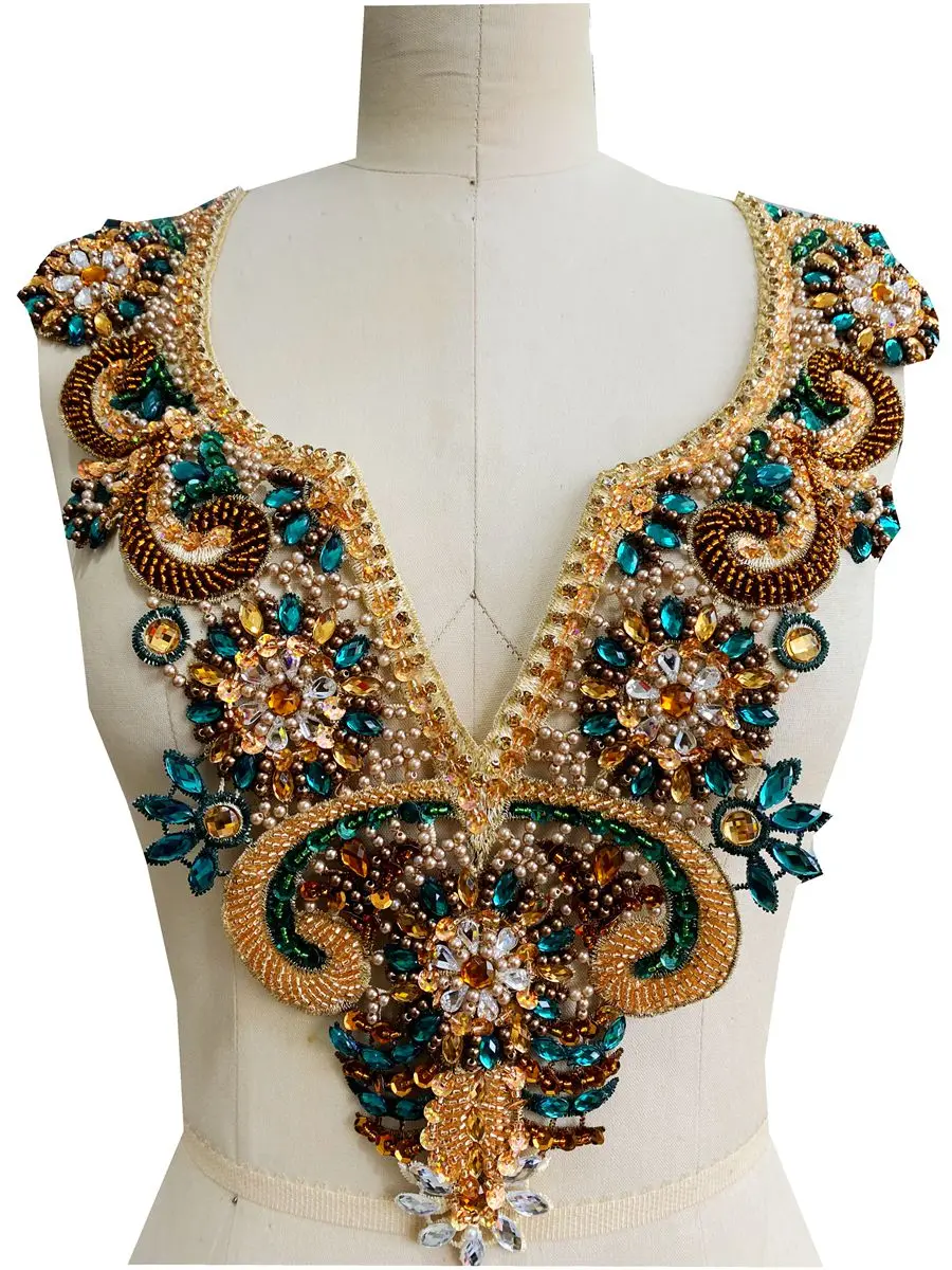 5 National Style V Neck Tulle Apparel Decoration Arabic Muslim Dress Fabric Luxury Handmade Sequin Crystal Hot Diamond Material
